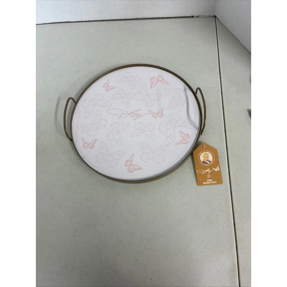 Dolly Parton Pink Butterfly Round Serving Tray with Handles Gold Rim 11.5 inch